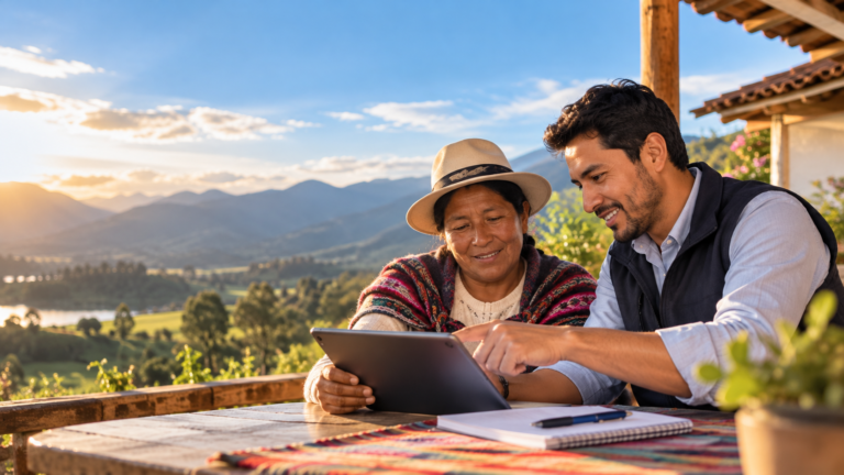 Profesional de SYNERPRO conversando con una productora rural frente a una tableta
