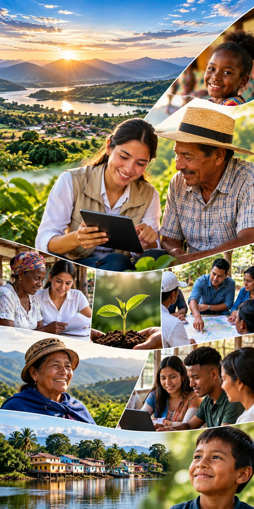 Collage de territorios y poblaciones: campo, costa, comunidades campesinas, indígenas y afrocolombianas